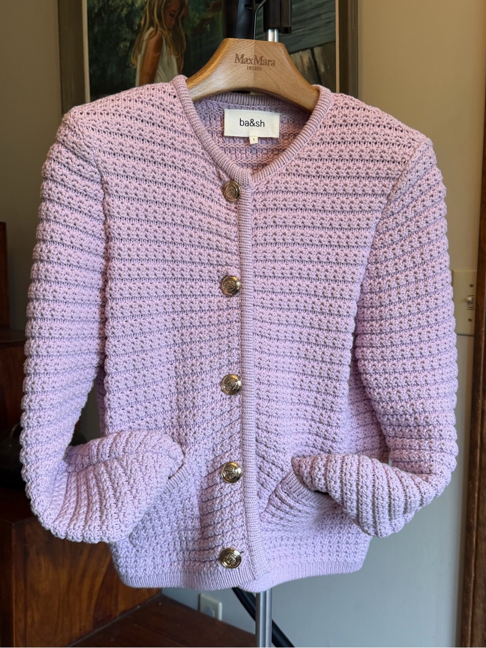 ba&sh Lilac Crochet Knit Button Cardigan with Gold Buttons
